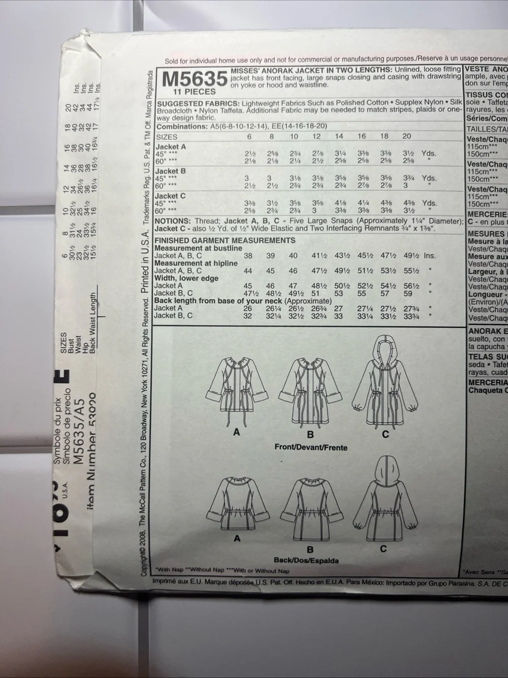 McCall’s M5635 Sewing Pattern Size A5 Opened Complete